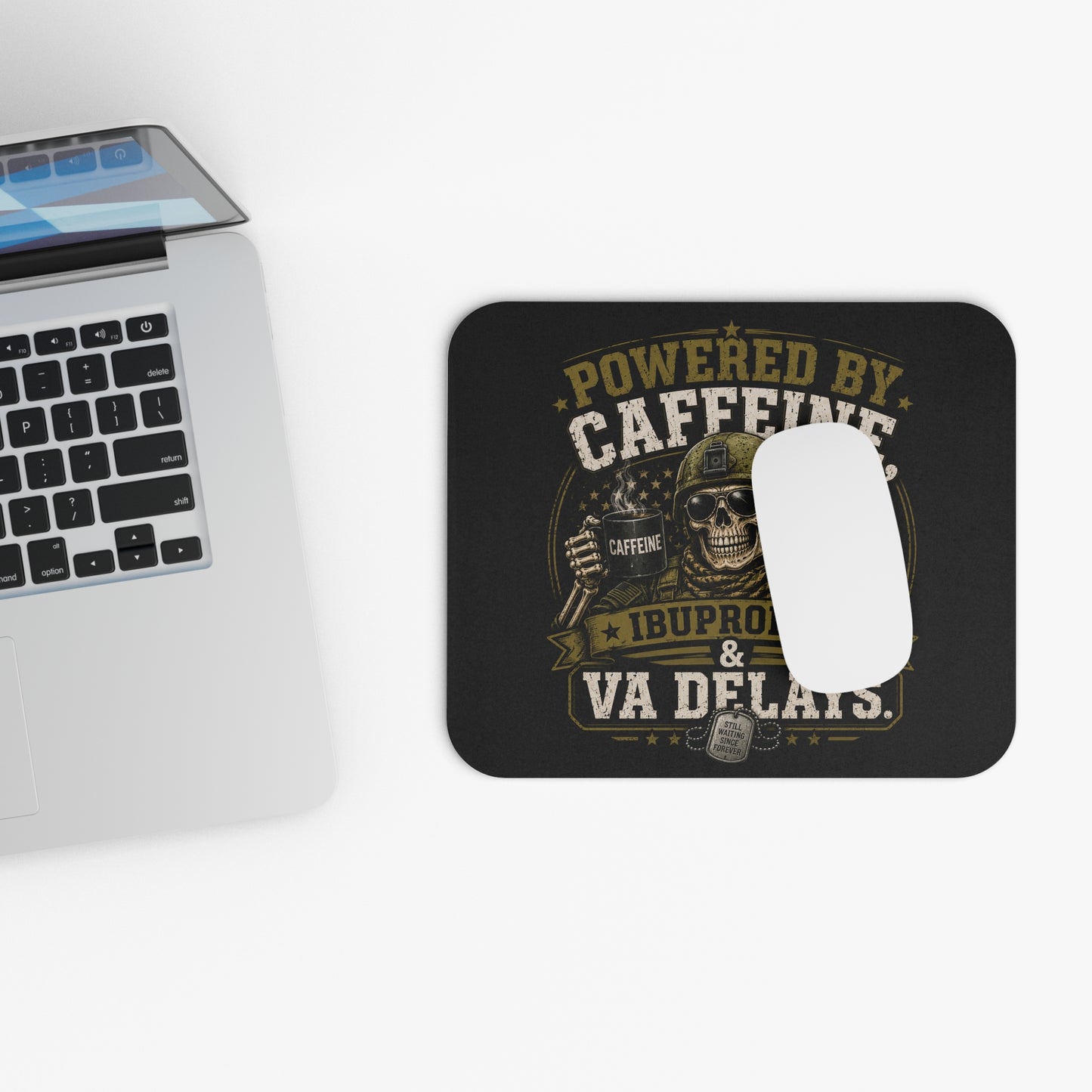 Mouse Pad — “Powered by Caffeine, Ibuprofen & VA Delays” Military Skull Desk Mat