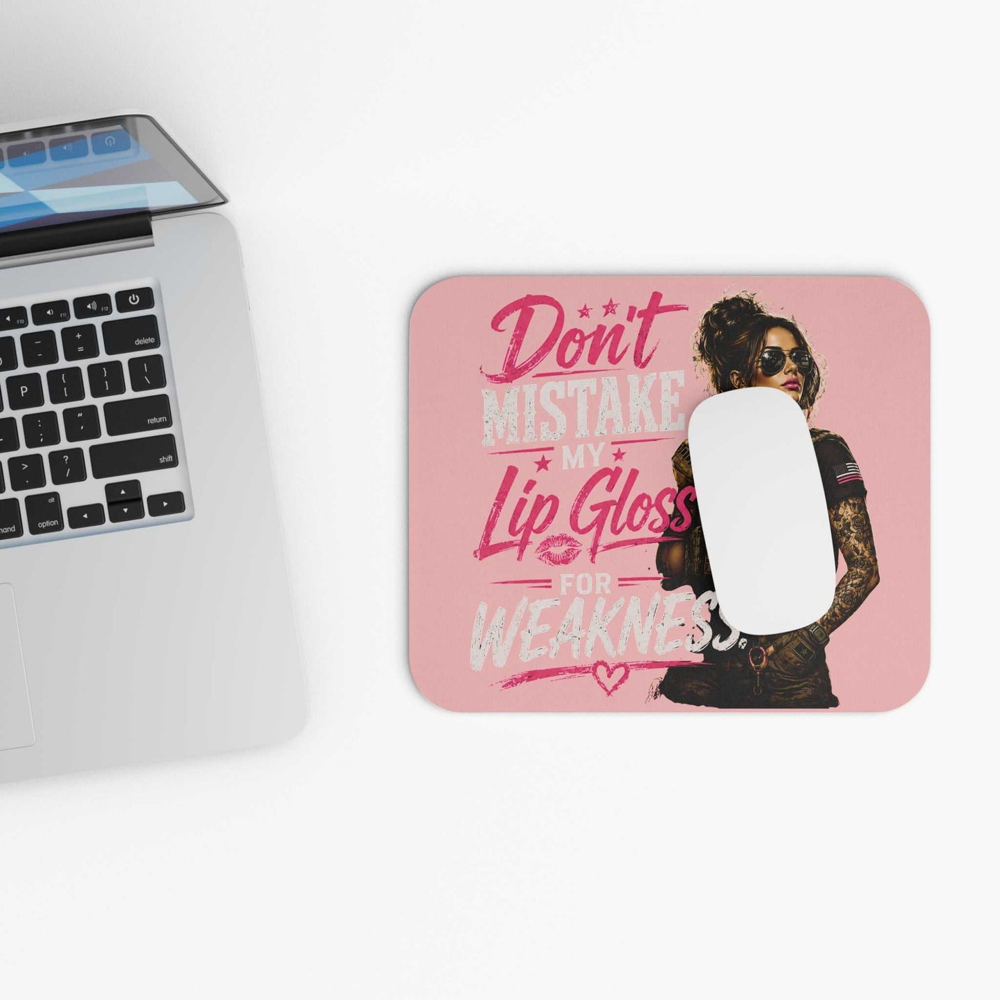 Don’t Mistake My Lip Gloss For Weakness Mouse Pad — Pink Veteran Tactical Glam Desk Mat