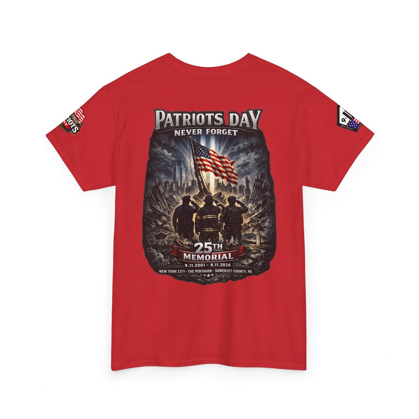 NYPD, FDNY, PAPD-NYNJ Patriots Day Memorial Tee – "Never Forget" 25th Anniversary American Flag Shirt