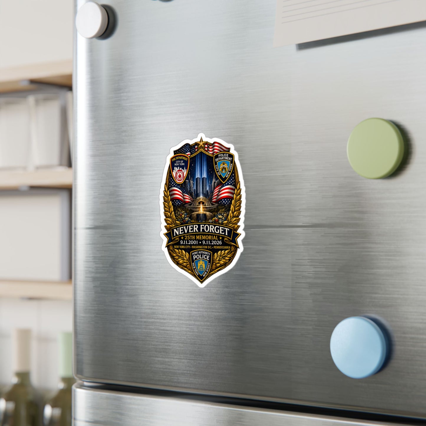 9/11 Never Forget Shield Kiss-Cut Vinyl Decal — NYPD, FDNY, PAPDNYNJ Memorial Sticker