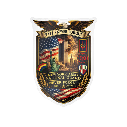 9/11 Never Forget Shield Kiss-Cut Vinyl Decal — New York Army National Guard Memorial Sticker