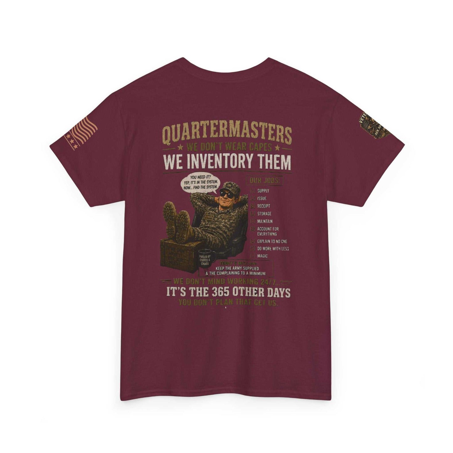 Quartermasters Graphic Tee – "We Don’t Wear Capes, We Inventory Them" Military Supply Shirt