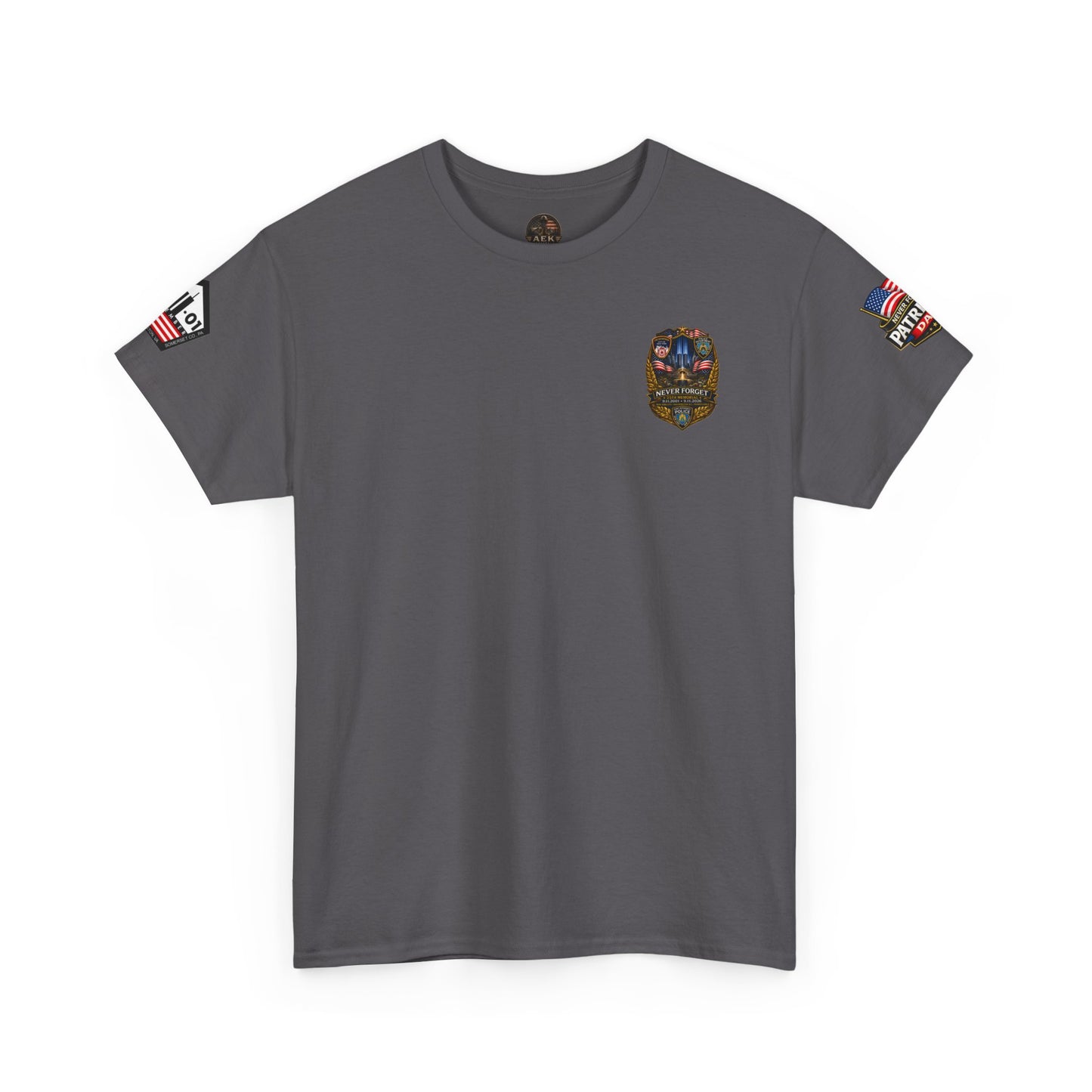 NYPD, FDNY, PAPD-NYNJ Patriots Day Memorial Tee – "Never Forget" 25th Anniversary American Flag Shirt