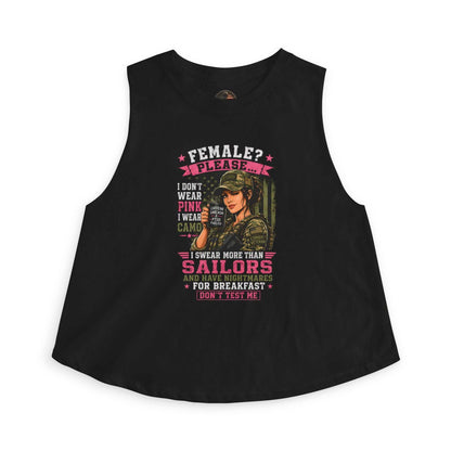 Women's Crop Top — 'Female? Please. I Don't Wear Pink' Military Graphic Tank