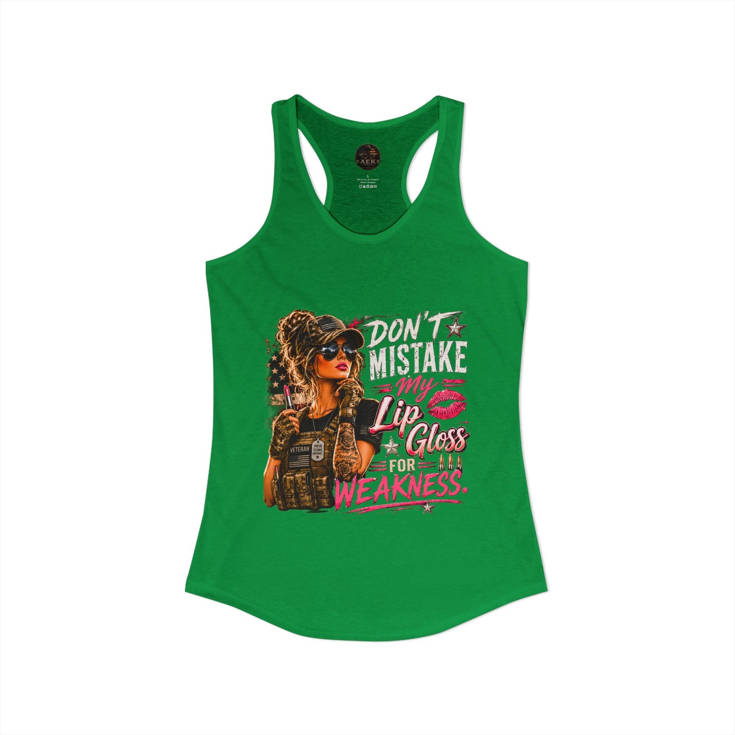 Women's Racerback Tank - "Don't Mistake My Lip Gloss for Weakness"
