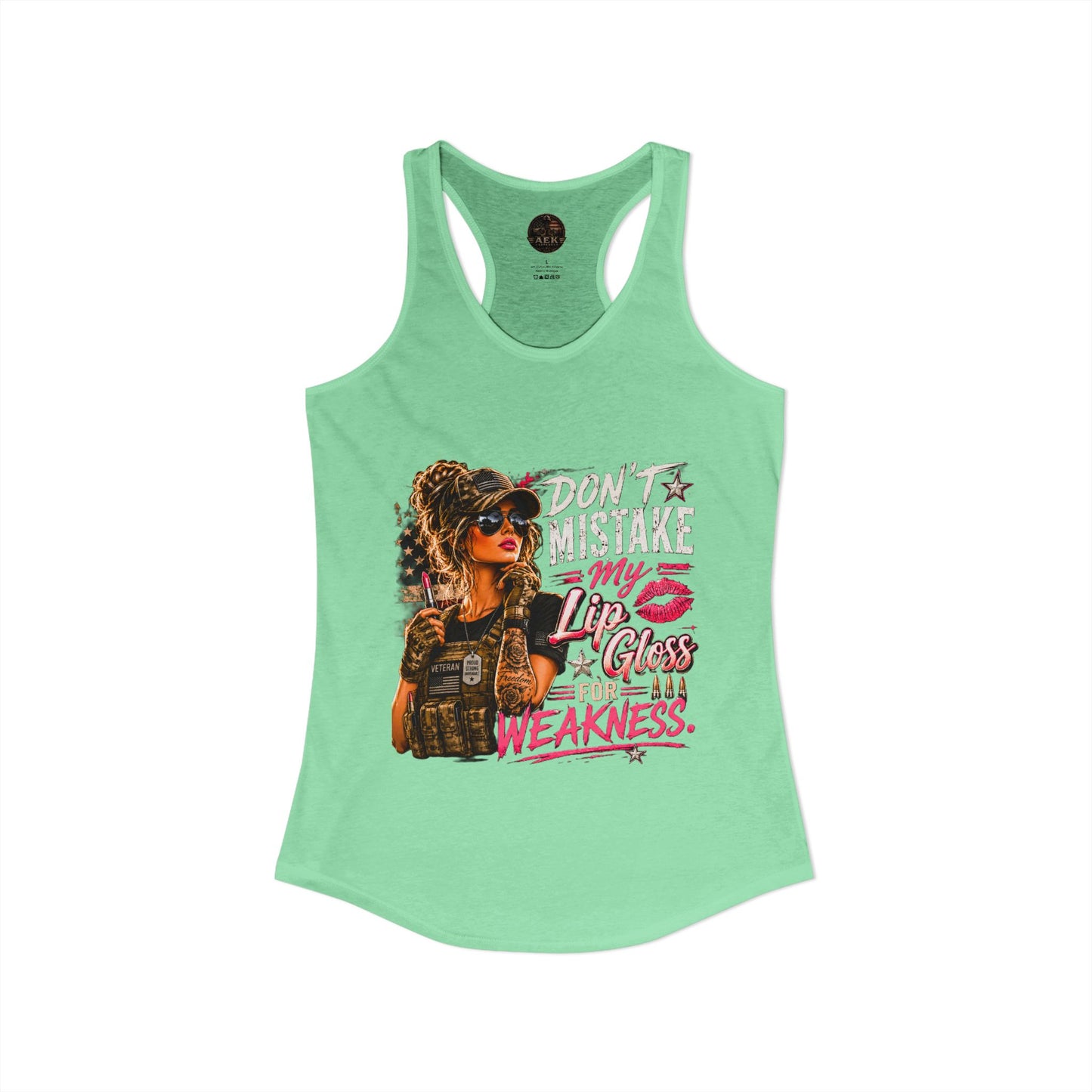 Women's Racerback Tank - "Don't Mistake My Lip Gloss for Weakness"