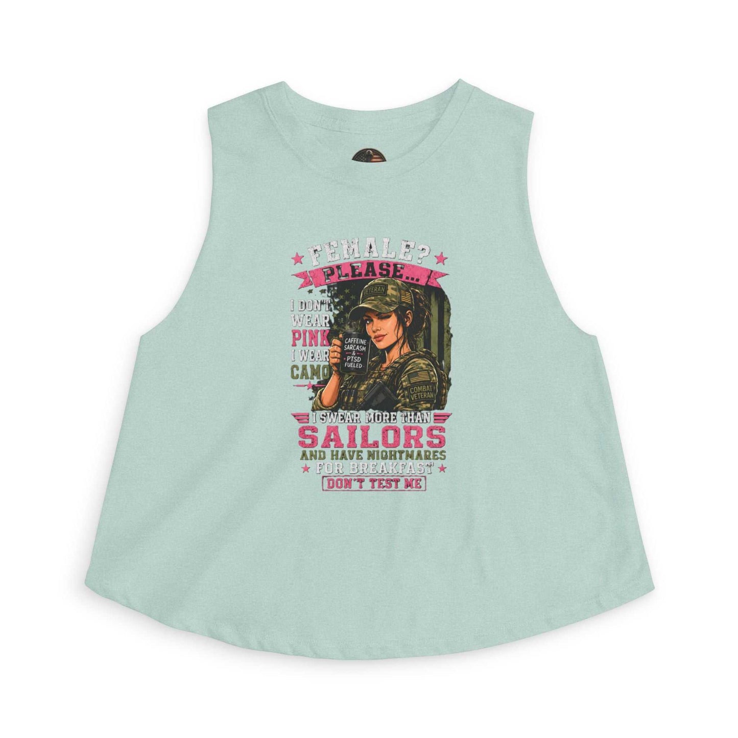 Women's Crop Top — 'Female? Please. I Don't Wear Pink' Military Graphic Tank