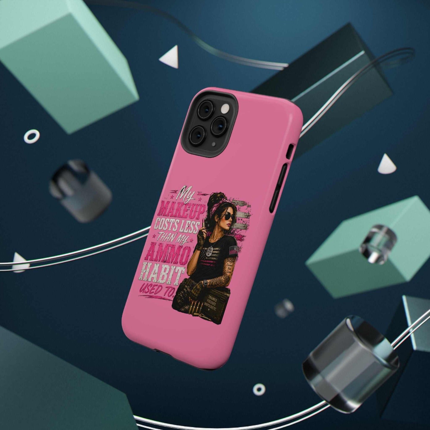 Impact-Resistant Phone Case — "My Makeup Costs Less Than My Ammo Habit Used To" Pink Tactical Design