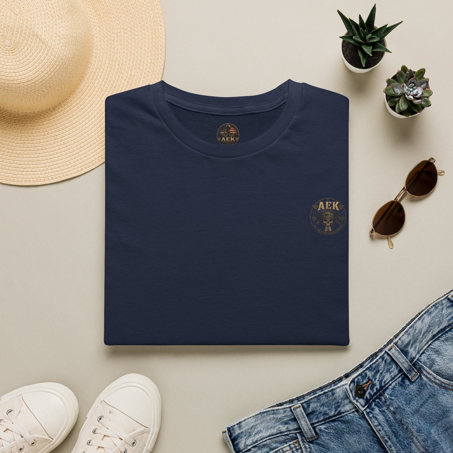 Army: Where You're Paid to Suffer T-Shirt — AEK Small Chest Logo, Coastal Surf Vibes