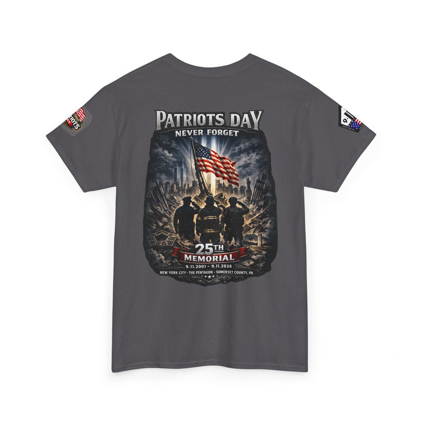 NYARNG Patriots Day Memorial Tee – "Never Forget" 25th Anniversary American Flag Shirt