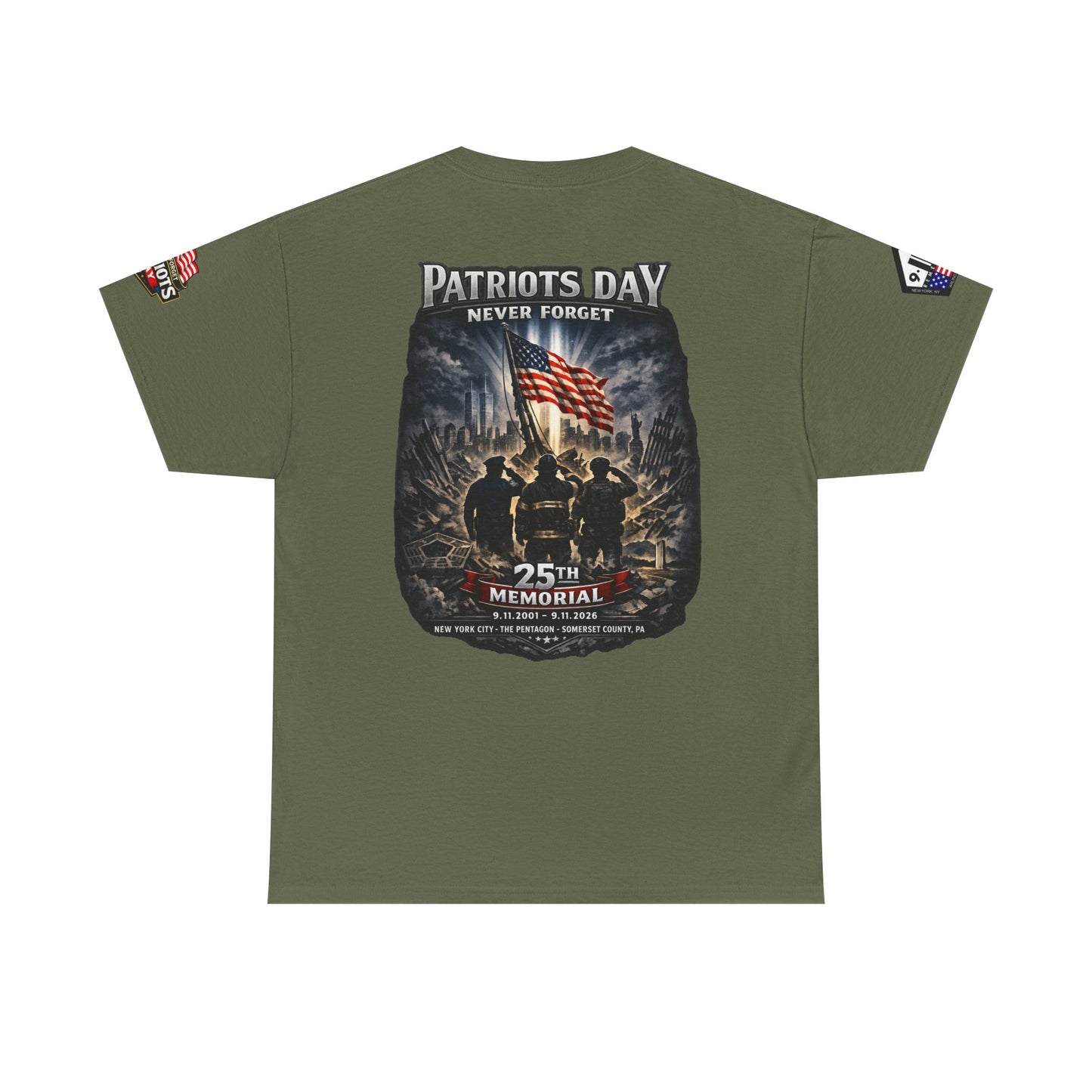 NYPD, FDNY, PAPD-NYNJ Patriots Day Memorial Tee – "Never Forget" 25th Anniversary American Flag Shirt