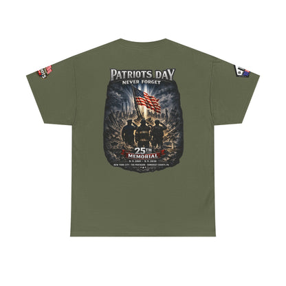NYPD, FDNY, PAPD-NYNJ Patriots Day Memorial Tee – "Never Forget" 25th Anniversary American Flag Shirt