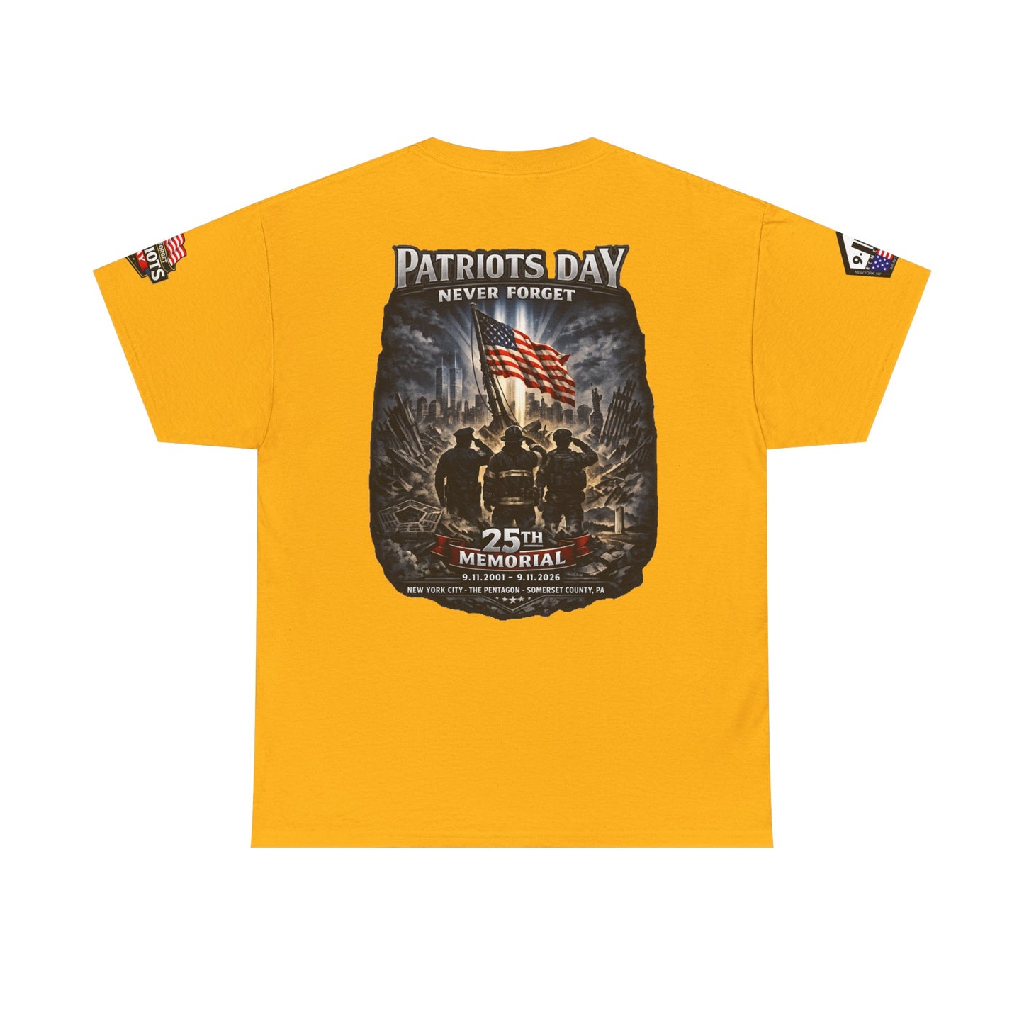NYPD, FDNY, PAPD-NYNJ Patriots Day Memorial Tee – "Never Forget" 25th Anniversary American Flag Shirt