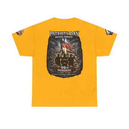 NYPD, FDNY, PAPD-NYNJ Patriots Day Memorial Tee – "Never Forget" 25th Anniversary American Flag Shirt