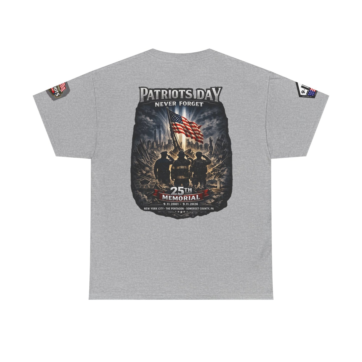 NYARNG Patriots Day Memorial Tee – "Never Forget" 25th Anniversary American Flag Shirt