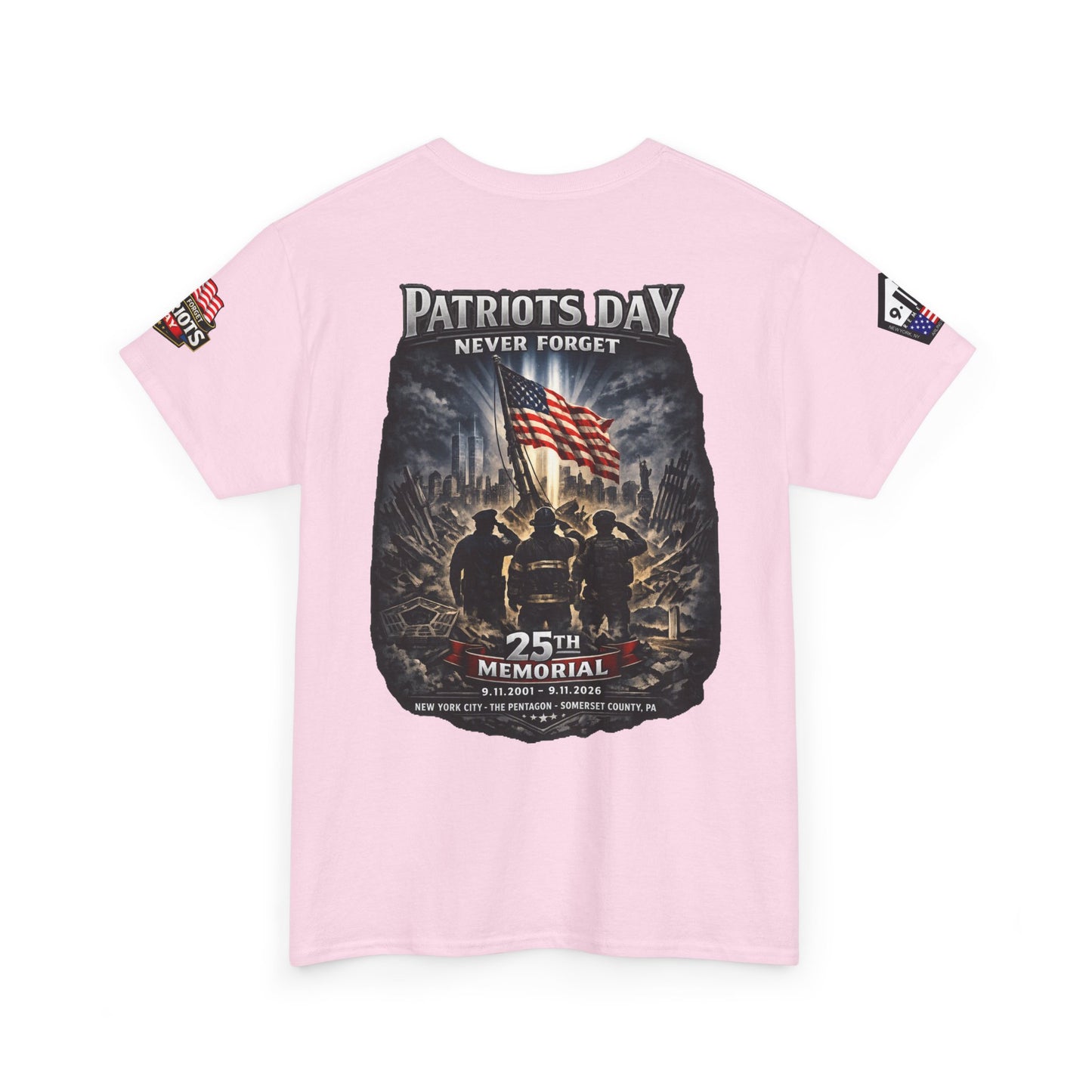 NYPD, FDNY, PAPD-NYNJ Patriots Day Memorial Tee – "Never Forget" 25th Anniversary American Flag Shirt
