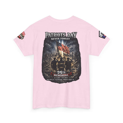 NYPD, FDNY, PAPD-NYNJ Patriots Day Memorial Tee – "Never Forget" 25th Anniversary American Flag Shirt
