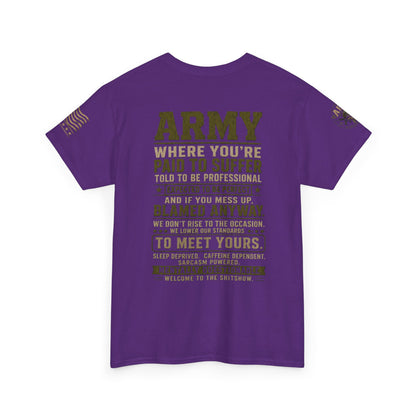 Army Quote Tee — “Army: Where You’re Paid to Suffer” Military Graphic T-Shirt