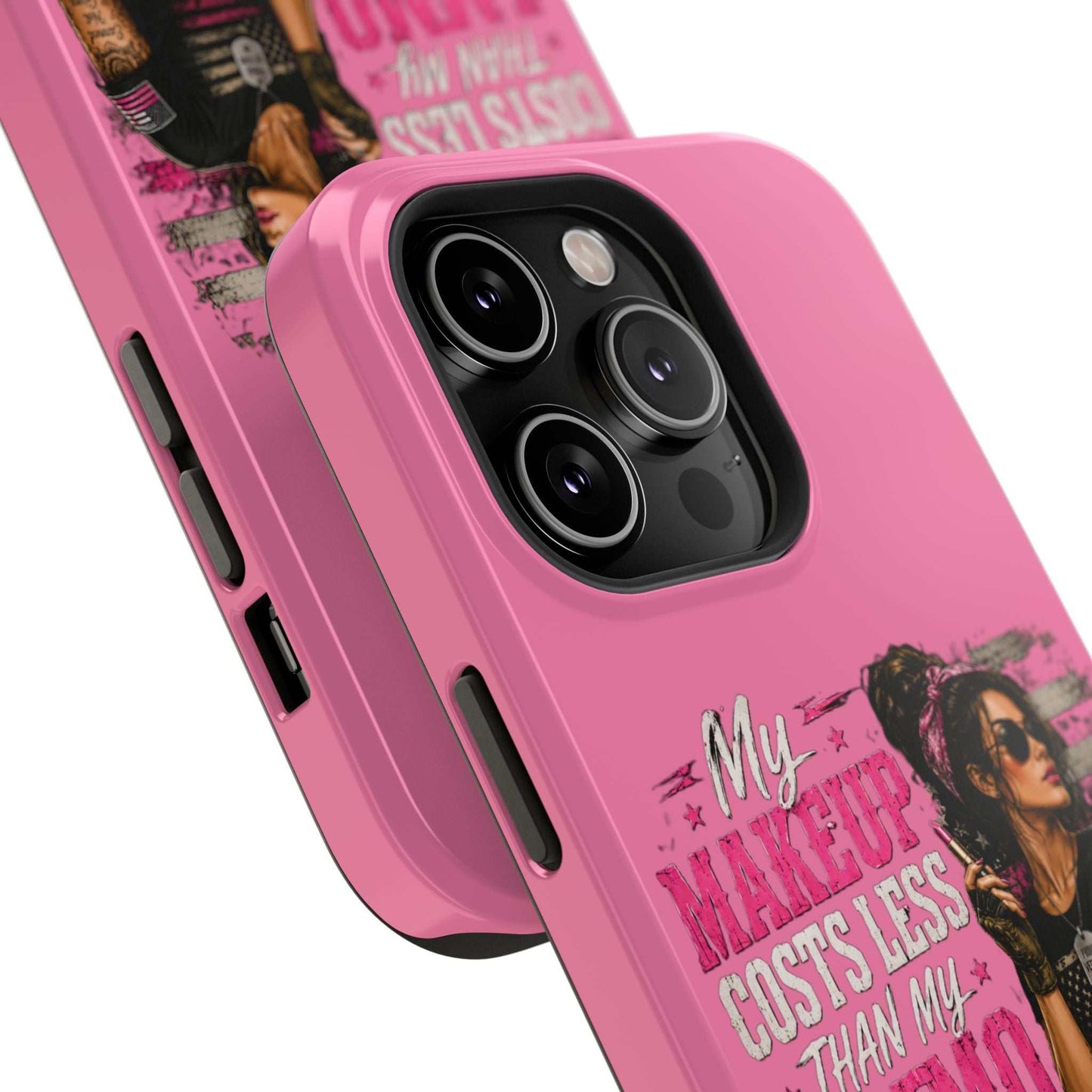 Impact-Resistant Phone Case — "My Makeup Costs Less Than My Ammo Habit Used To" Pink Tactical Design