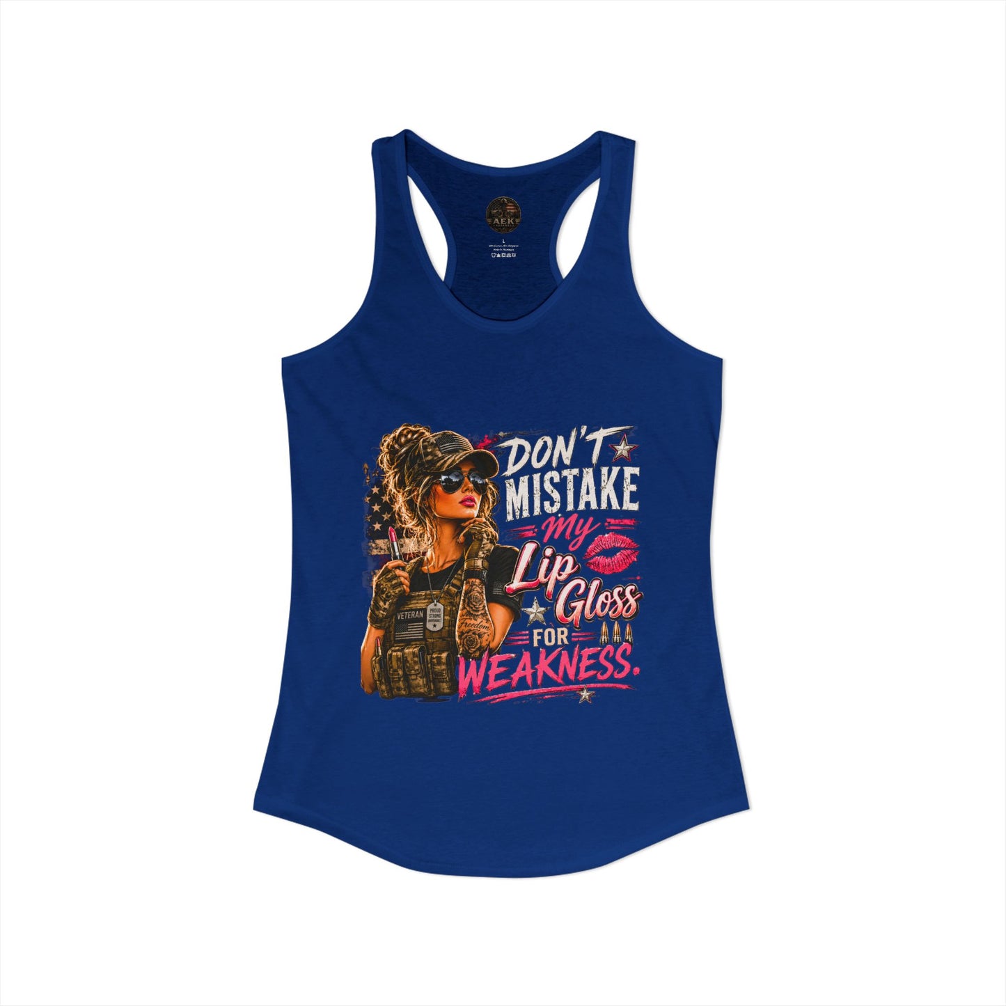 Women's Racerback Tank - "Don't Mistake My Lip Gloss for Weakness"