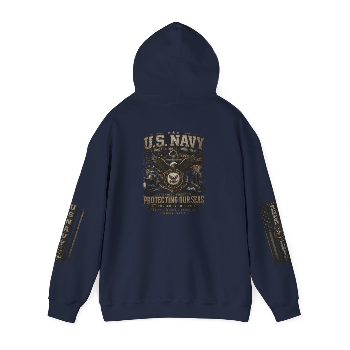 U.S. Navy Hoodie with vintage AEK skull logo and anchor design on back, heavyweight cotton-poly sweatshirt