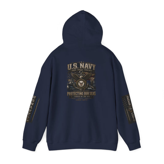 U.S. Navy Hoodie with AEK Skull Design and vintage Navy anchor graphics on chest and back