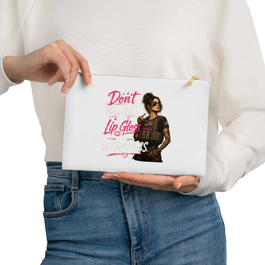 Tactical Makeup Cosmetic Bag with bold "Don't Mistake My Lip Gloss" design on white cotton canvas and gold zipper