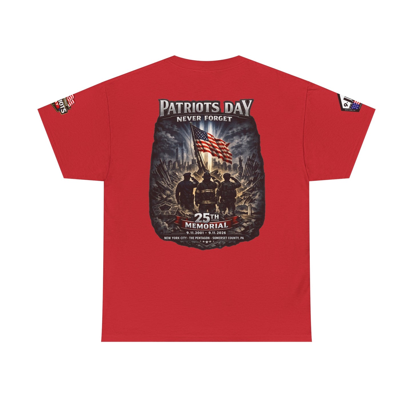 NYPD, FDNY, PAPD-NYNJ Patriots Day Memorial Tee – "Never Forget" 25th Anniversary American Flag Shirt