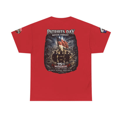 NYPD, FDNY, PAPD-NYNJ Patriots Day Memorial Tee – "Never Forget" 25th Anniversary American Flag Shirt