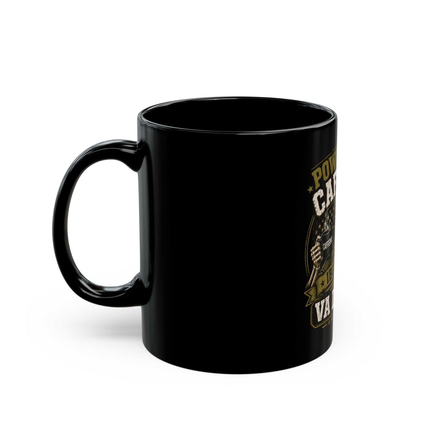 Powered by Caffeine, Ibuprofen & VA Delays Mug — Military Vet Humor Black Coffee Mug
