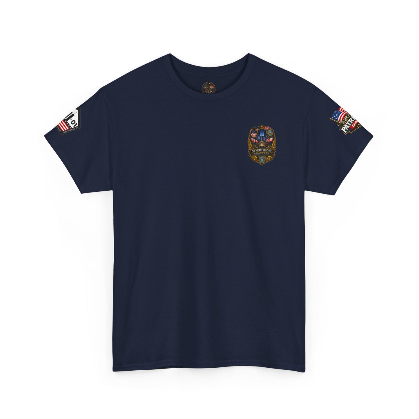 NYPD, FDNY, PAPD-NYNJ Patriots Day Memorial Tee – "Never Forget" 25th Anniversary American Flag Shirt