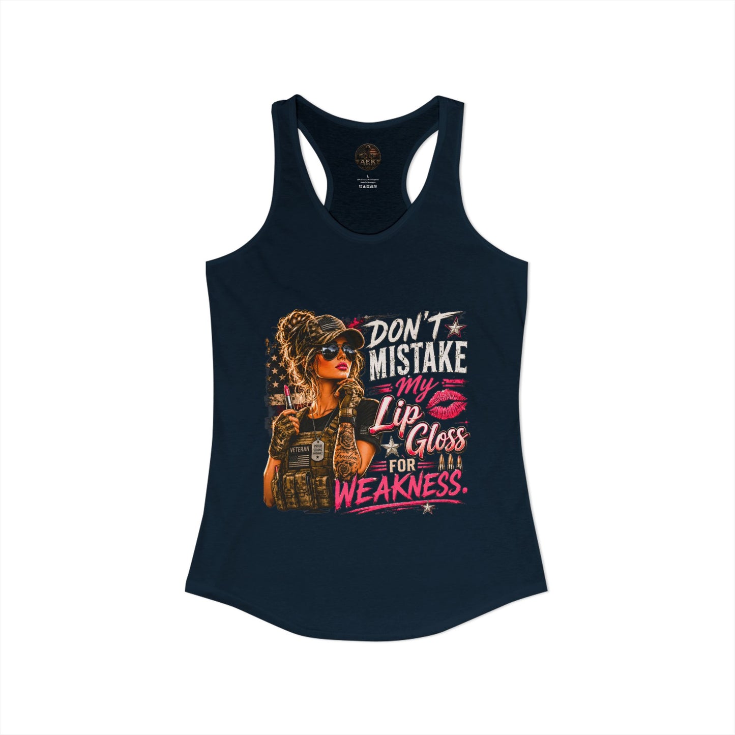 Women's Racerback Tank - "Don't Mistake My Lip Gloss for Weakness"
