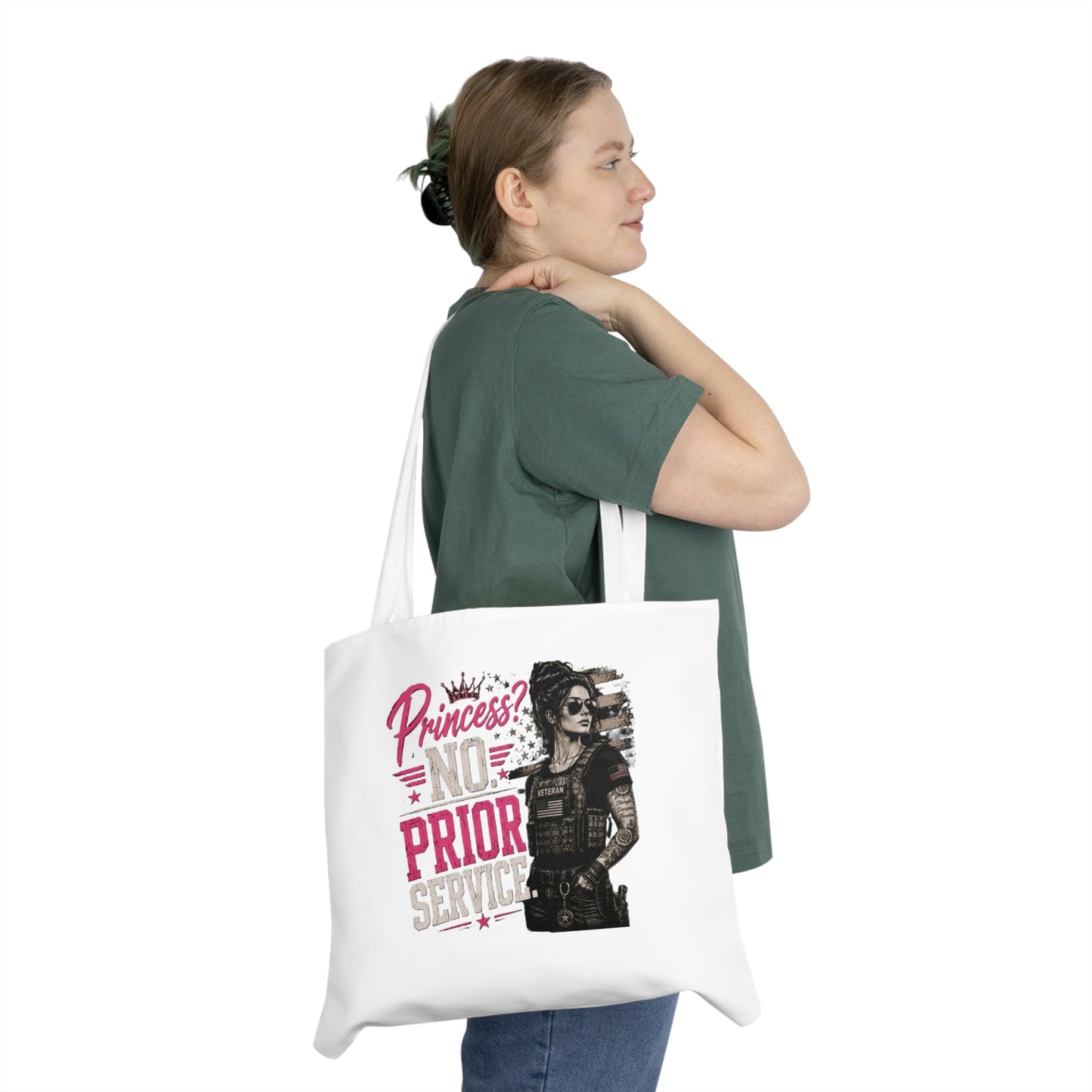Military punk shoulder tote bag with "Princess? No Prior Service" slogan and distressed American flag design