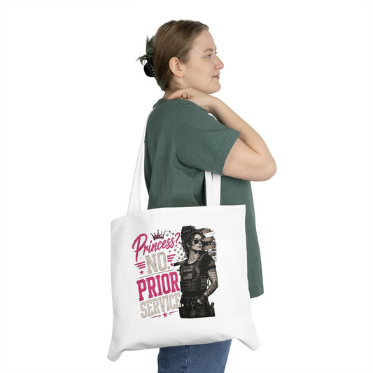 Military punk shoulder tote bag with "Princess? No Prior Service" slogan and distressed American flag design