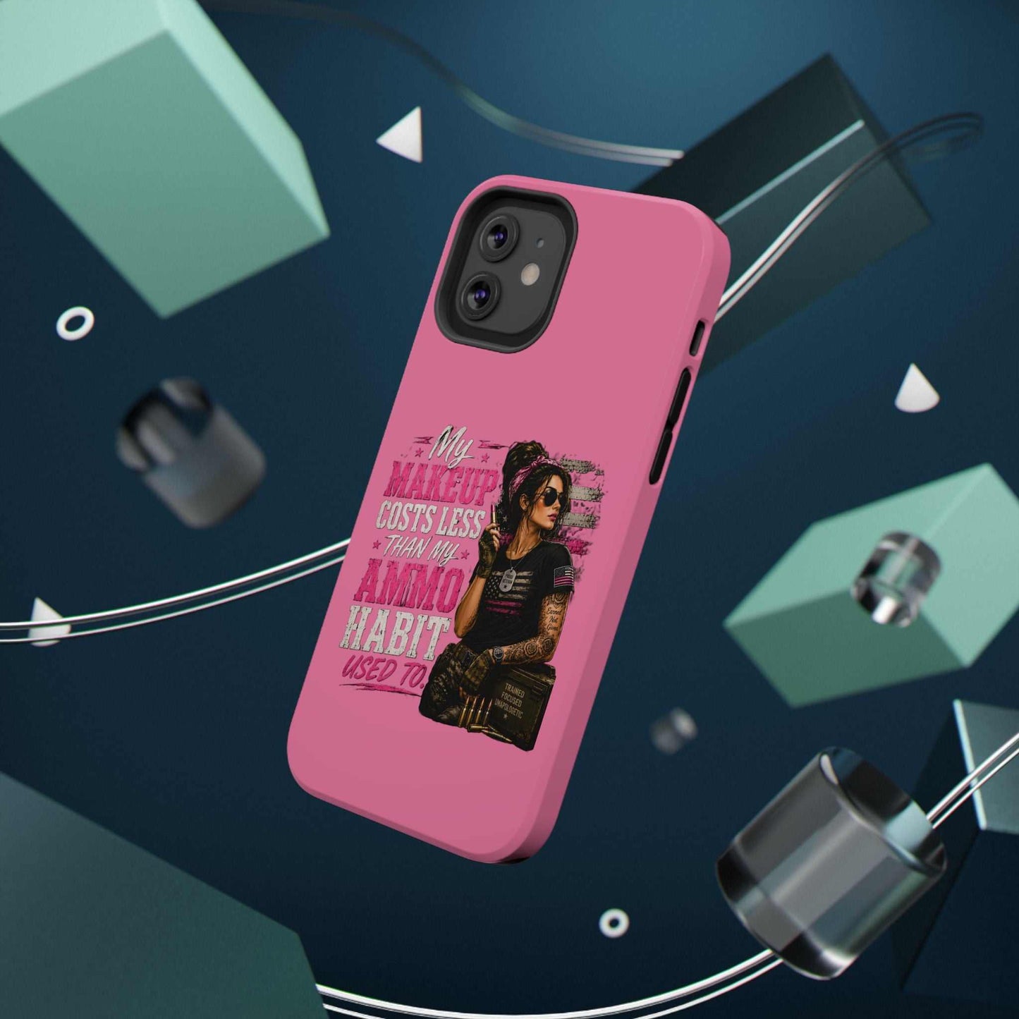 Impact-Resistant Phone Case — "My Makeup Costs Less Than My Ammo Habit Used To" Pink Tactical Design