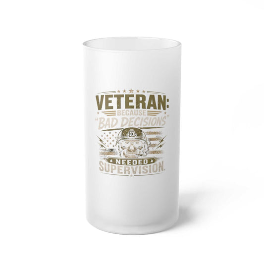 Veteran frosted beer mug with matte finish and vintage military graphic
