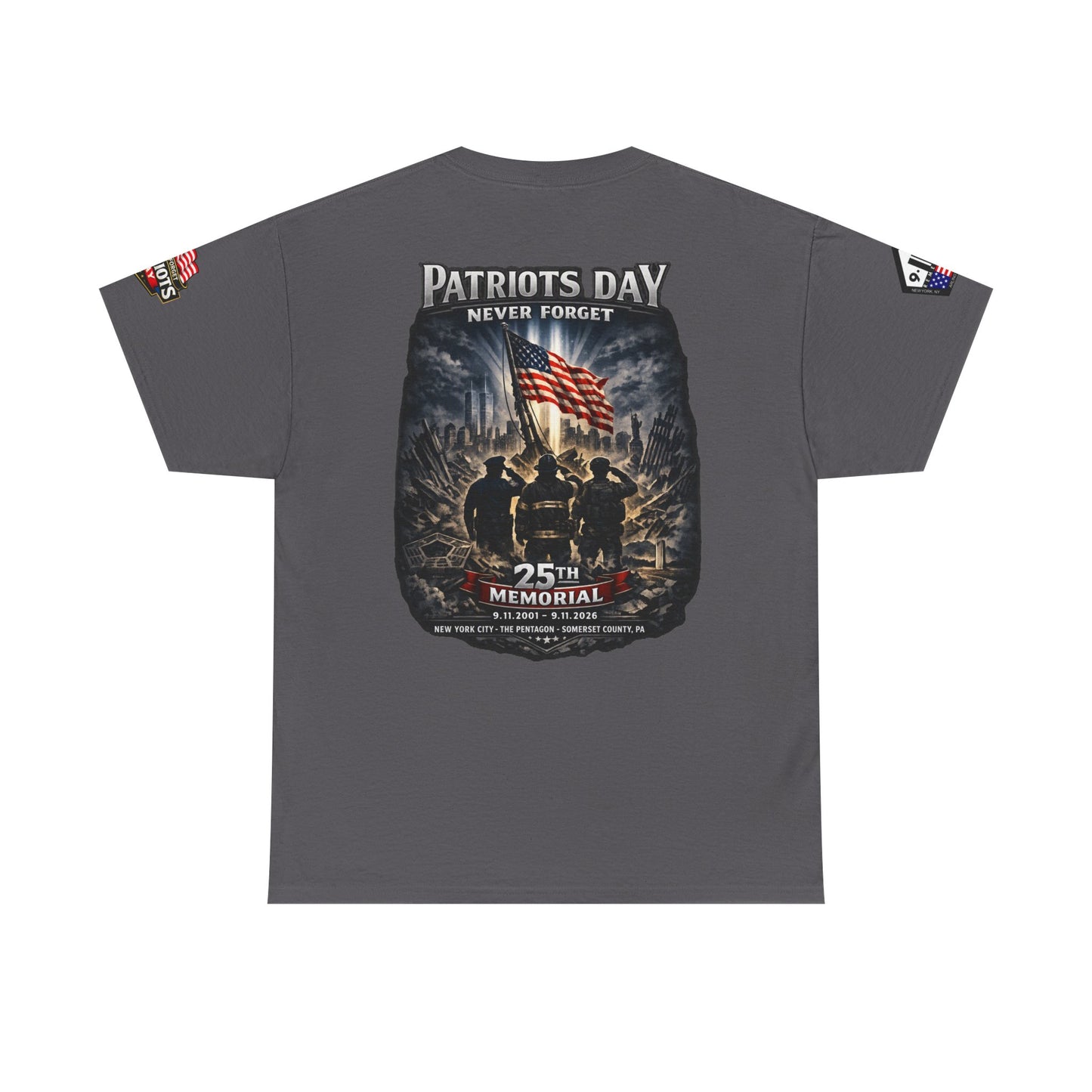 NYPD, FDNY, PAPD-NYNJ Patriots Day Memorial Tee – "Never Forget" 25th Anniversary American Flag Shirt