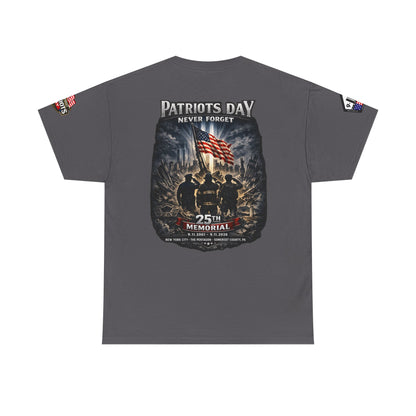NYPD, FDNY, PAPD-NYNJ Patriots Day Memorial Tee – "Never Forget" 25th Anniversary American Flag Shirt