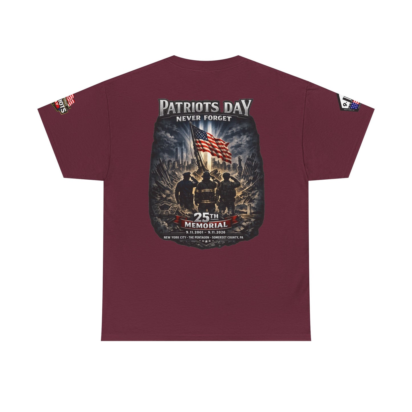 NYPD, FDNY, PAPD-NYNJ Patriots Day Memorial Tee – "Never Forget" 25th Anniversary American Flag Shirt