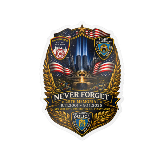 9/11 Never Forget Shield Kiss-Cut Vinyl Decal — NYPD, FDNY, PAPDNYNJ Memorial Sticker