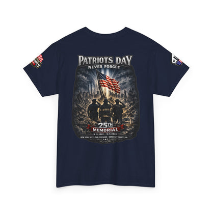 NYPD, FDNY, PAPD-NYNJ Patriots Day Memorial Tee – "Never Forget" 25th Anniversary American Flag Shirt