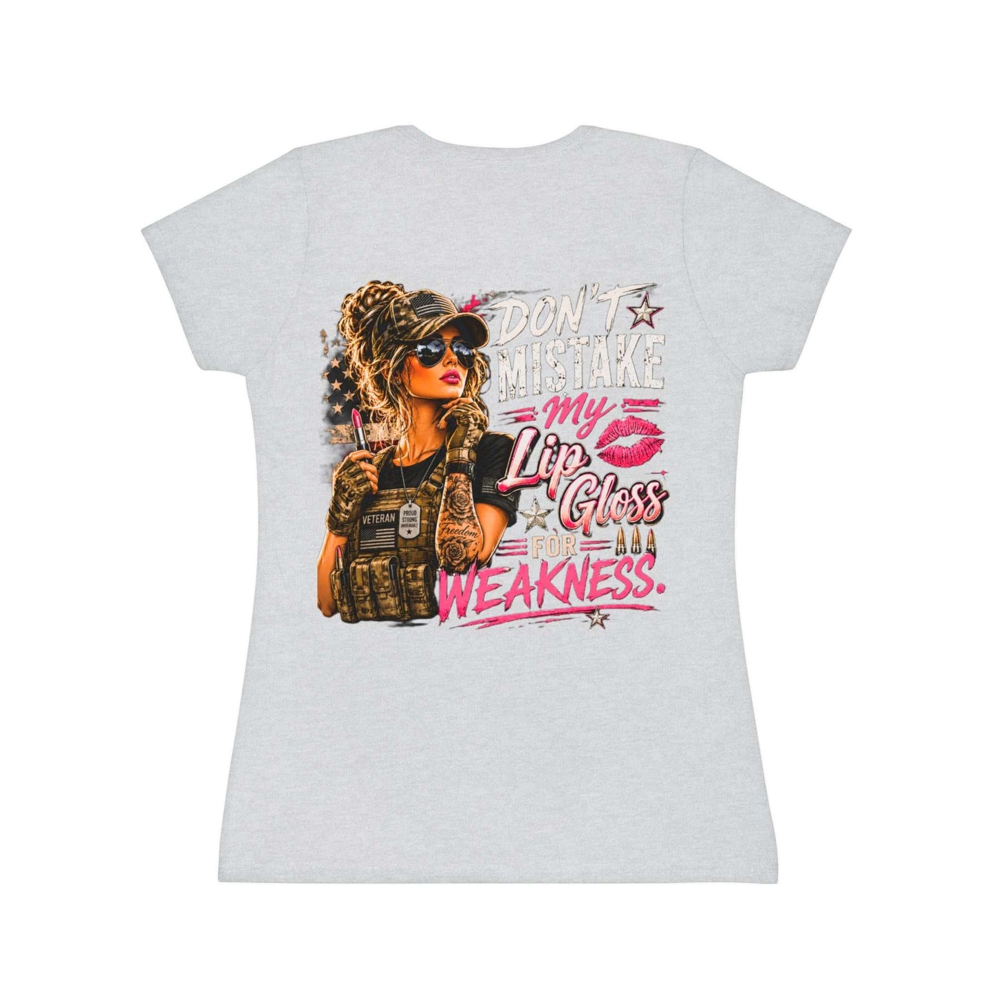 Women's Military-Inspired T-Shirt — "Don't Mistake My Lip Gloss for Weakness" Graphic Tee