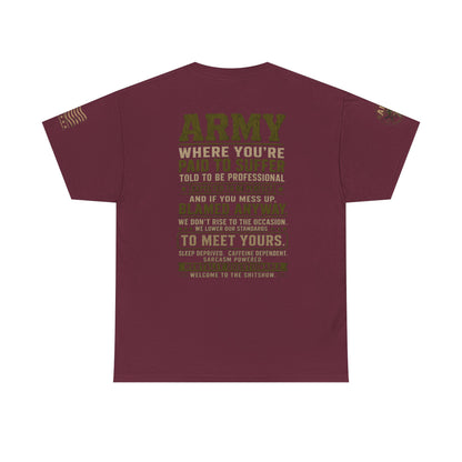 Army Quote Tee — “Army: Where You’re Paid to Suffer” Military Graphic T-Shirt
