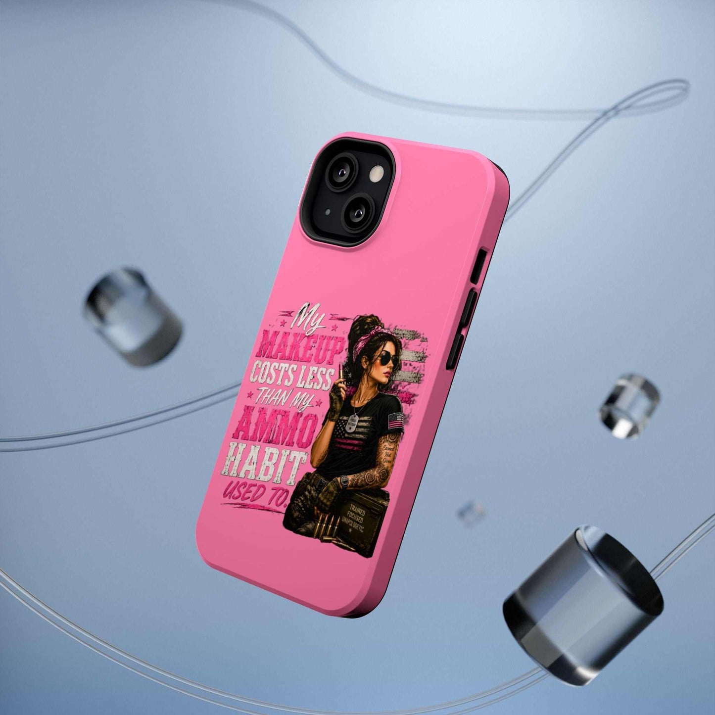 Impact-Resistant Phone Case — "My Makeup Costs Less Than My Ammo Habit Used To" Pink Tactical Design