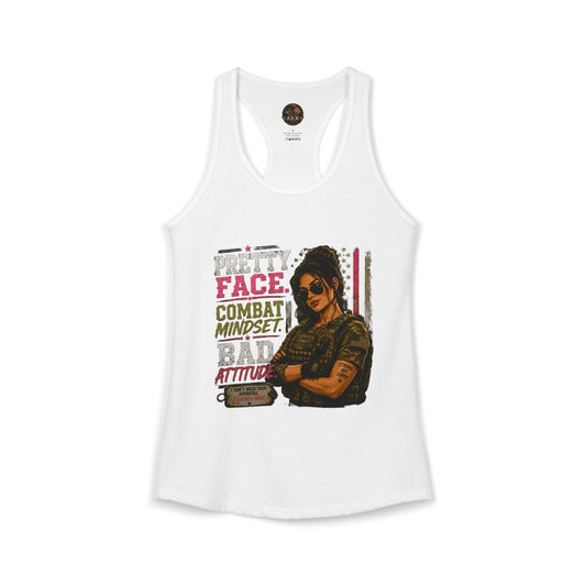 Women's Racerback Tank with "Pretty Face, Combat Mindset" design and size guide table