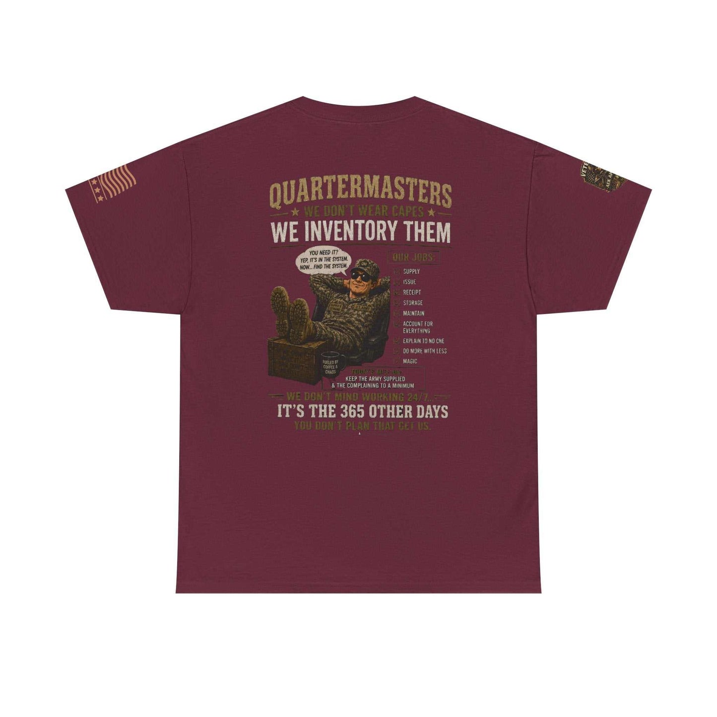 Quartermasters Graphic Tee – "We Don’t Wear Capes, We Inventory Them" Military Supply Shirt