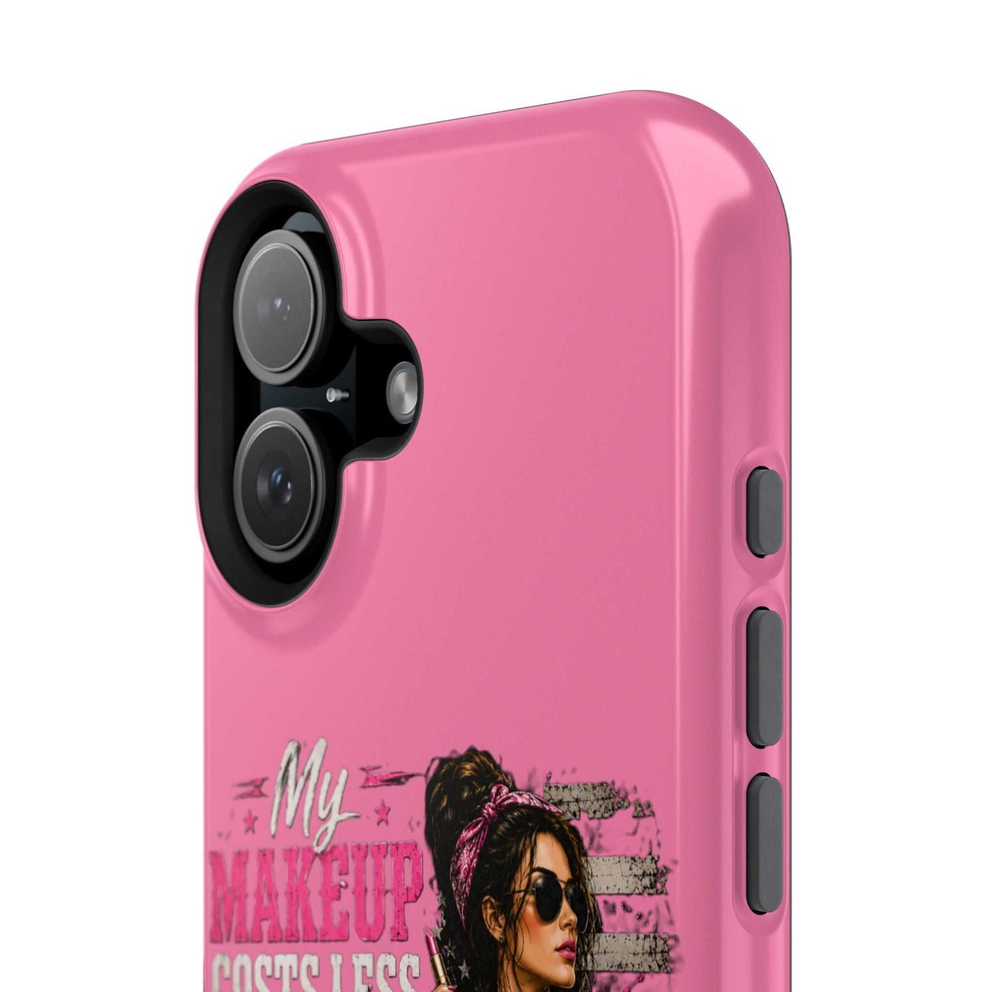 Impact-Resistant Phone Case — "My Makeup Costs Less Than My Ammo Habit Used To" Pink Tactical Design