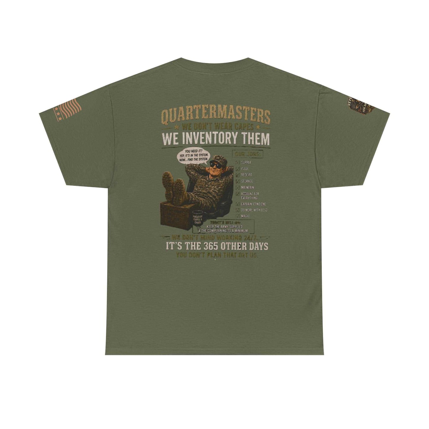 Quartermasters Graphic Tee – "We Don’t Wear Capes, We Inventory Them" Military Supply Shirt