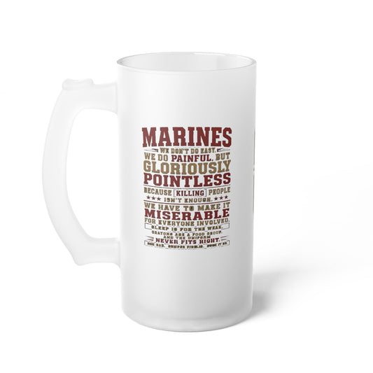 Frosted glass beer mug with Marine veteran military pride wraparound design on reclaimed-wood table