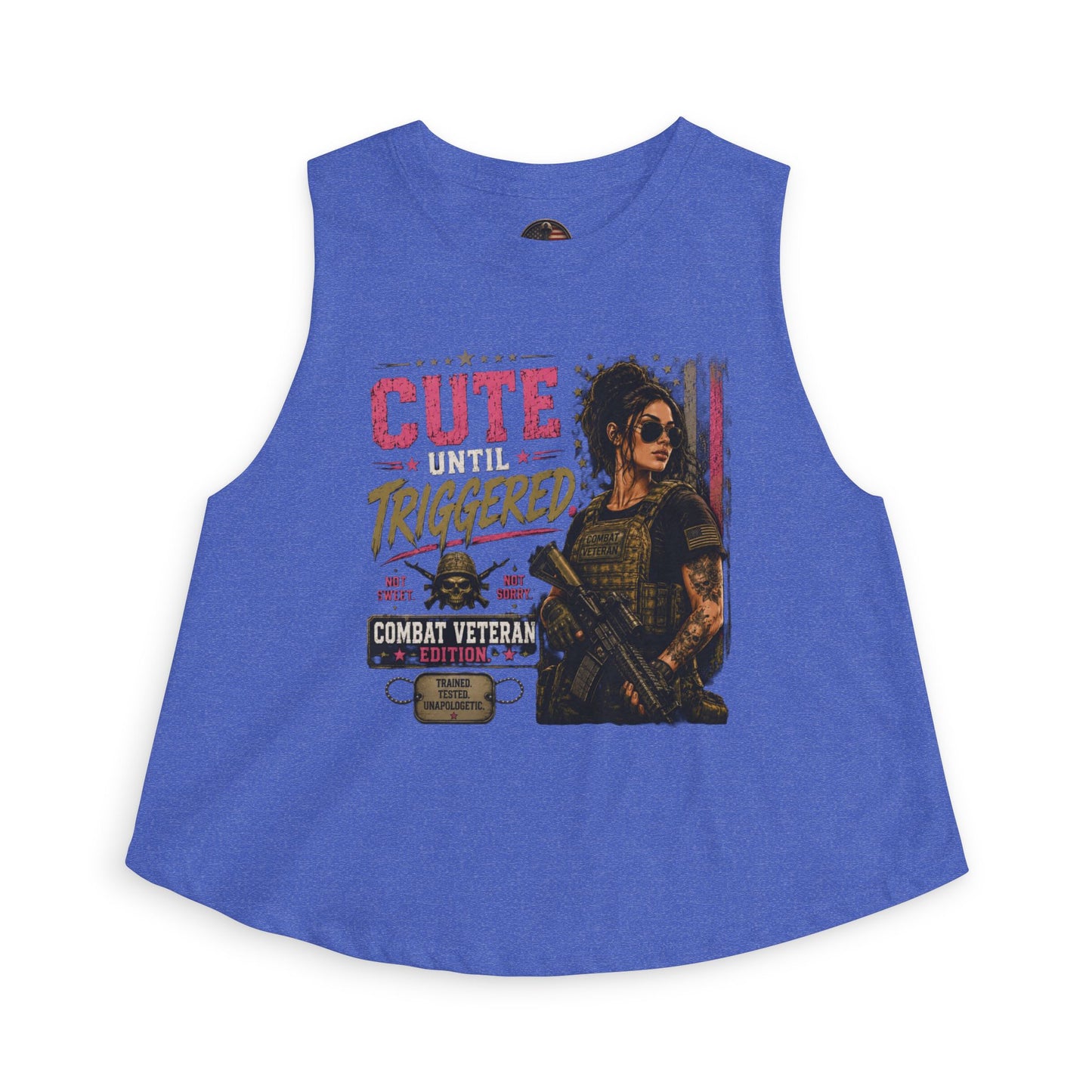 Crop Top — "Cute Until Triggered" Combat Veteran Graphic Tank